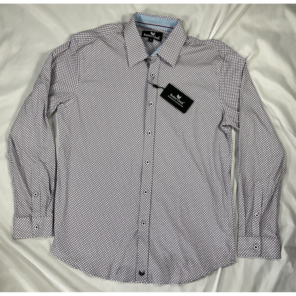 Buttercloth Men Blue Geometric Button Down 100% Cotton Size Large NWT 491